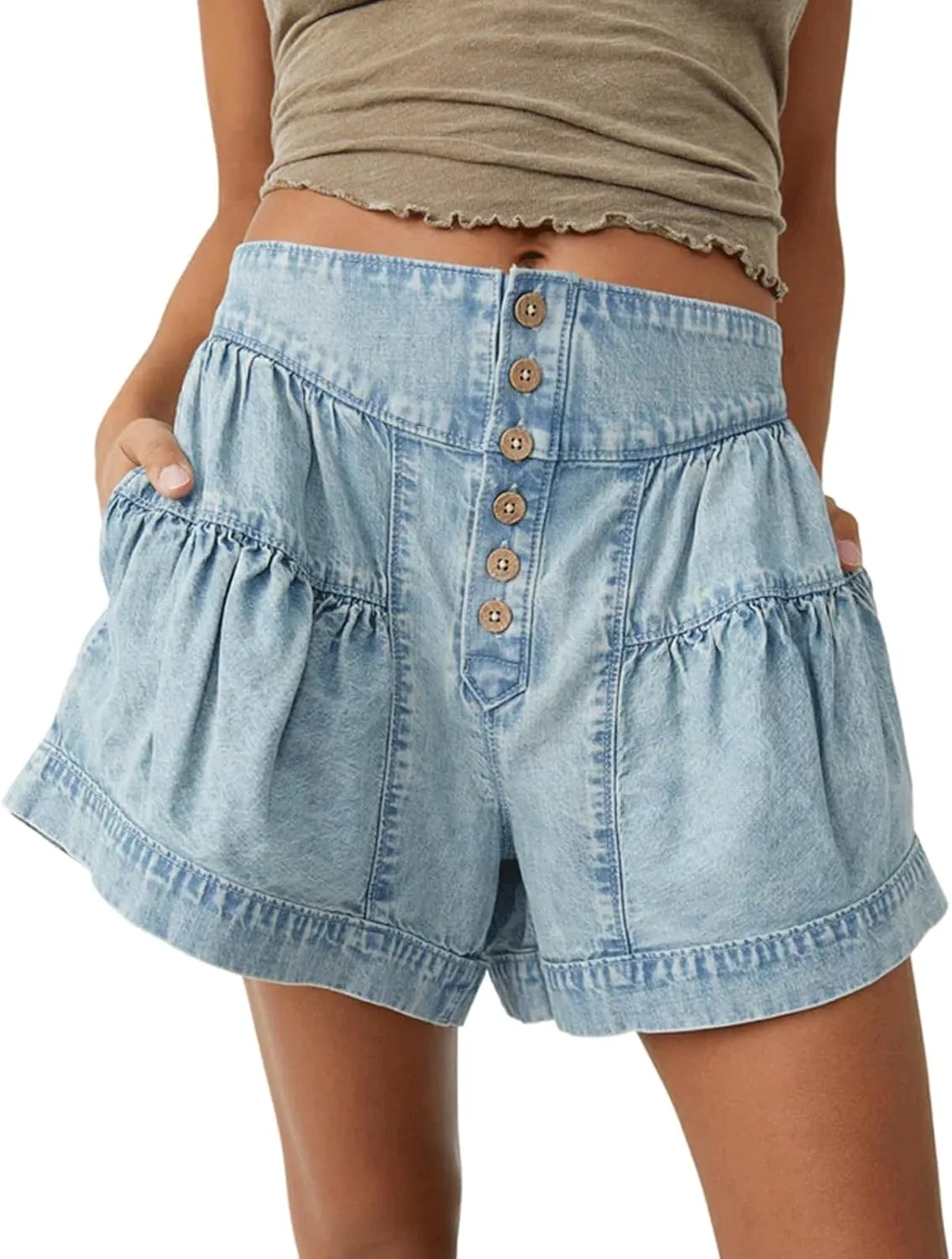 CHARTOU Women Cute Ruffle Hem Denim Short High Waist Wide Leg Jean Shorts Flare Stretchy Short with Pockets
