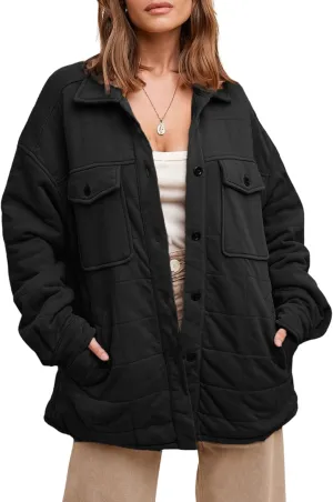 CHARTOU Women Winter Soft Plaid Cotton Coat Lapel Button Up Puffer Jacket Padded Oversized Top with Pockets