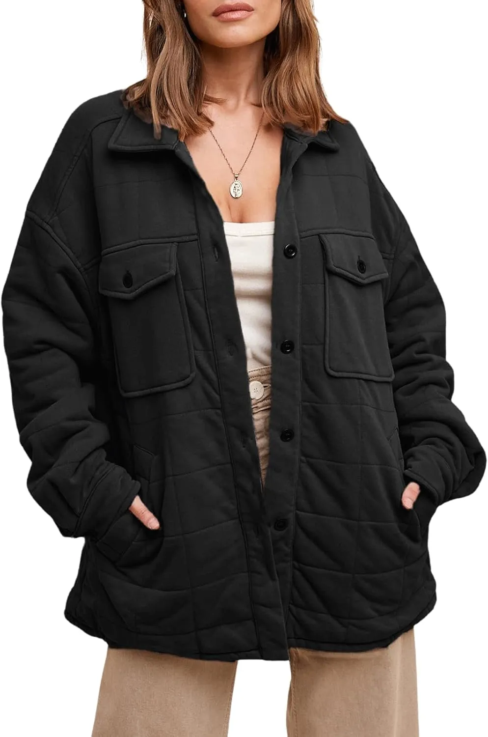 CHARTOU Women Winter Soft Plaid Cotton Coat Lapel Button Up Puffer Jacket Padded Oversized Top with Pockets