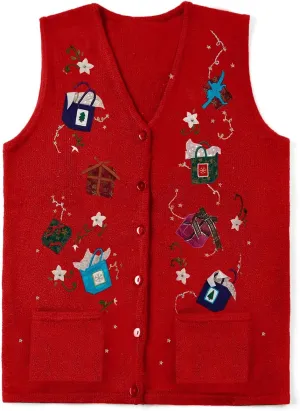 Christmas Vest for Women Reindeer Santa Snowman Embroidery Sweater Sleeveless Ugly Xmas Knit Tank Top