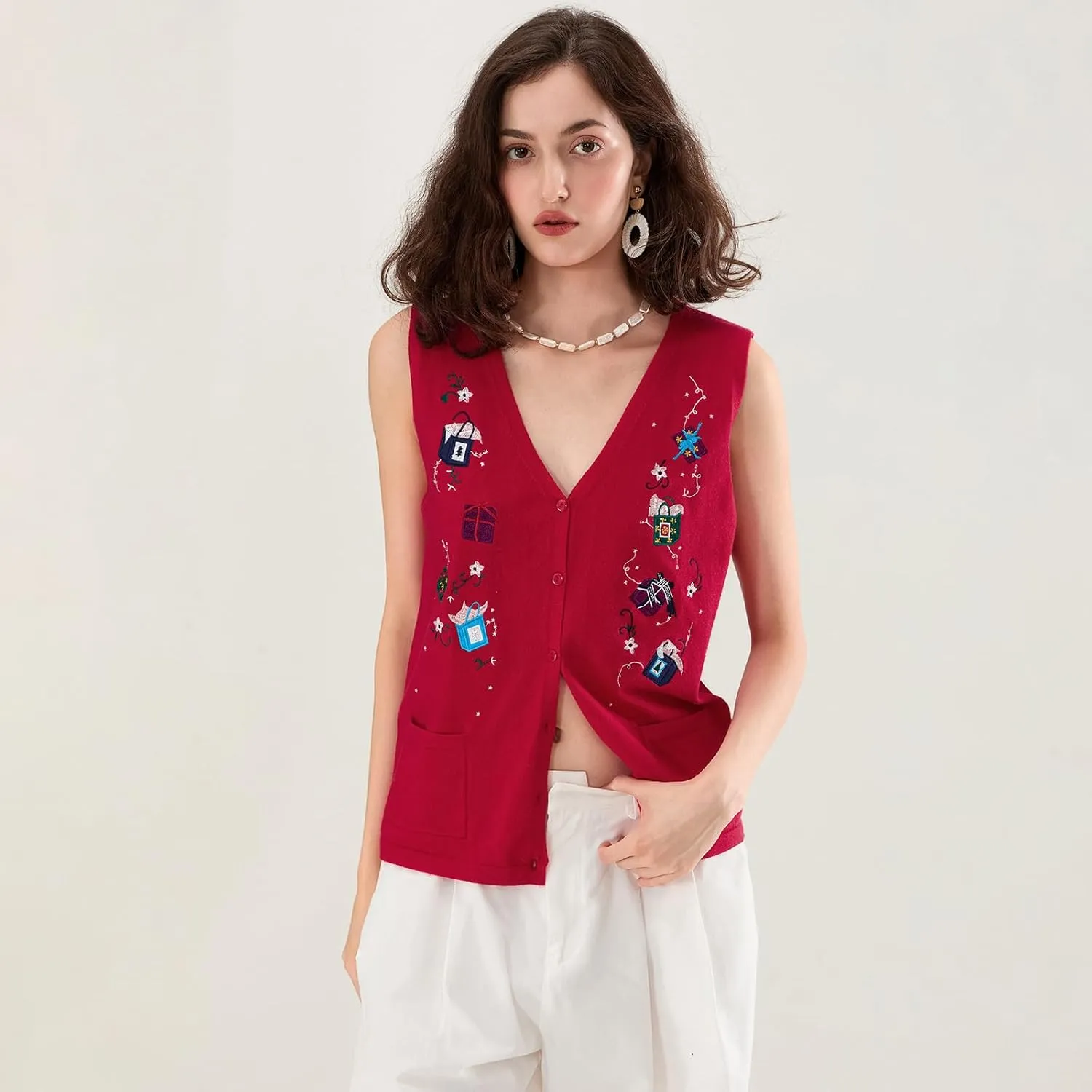 Christmas Vest for Women Reindeer Santa Snowman Embroidery Sweater Sleeveless Ugly Xmas Knit Tank Top