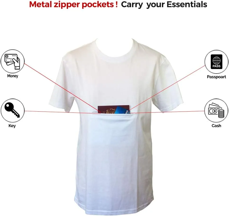 Clever Travel Companion Men's Crew Neck T Shirt with 1 Secret Hidden Pockets for Traveling | Pickpocket Proof