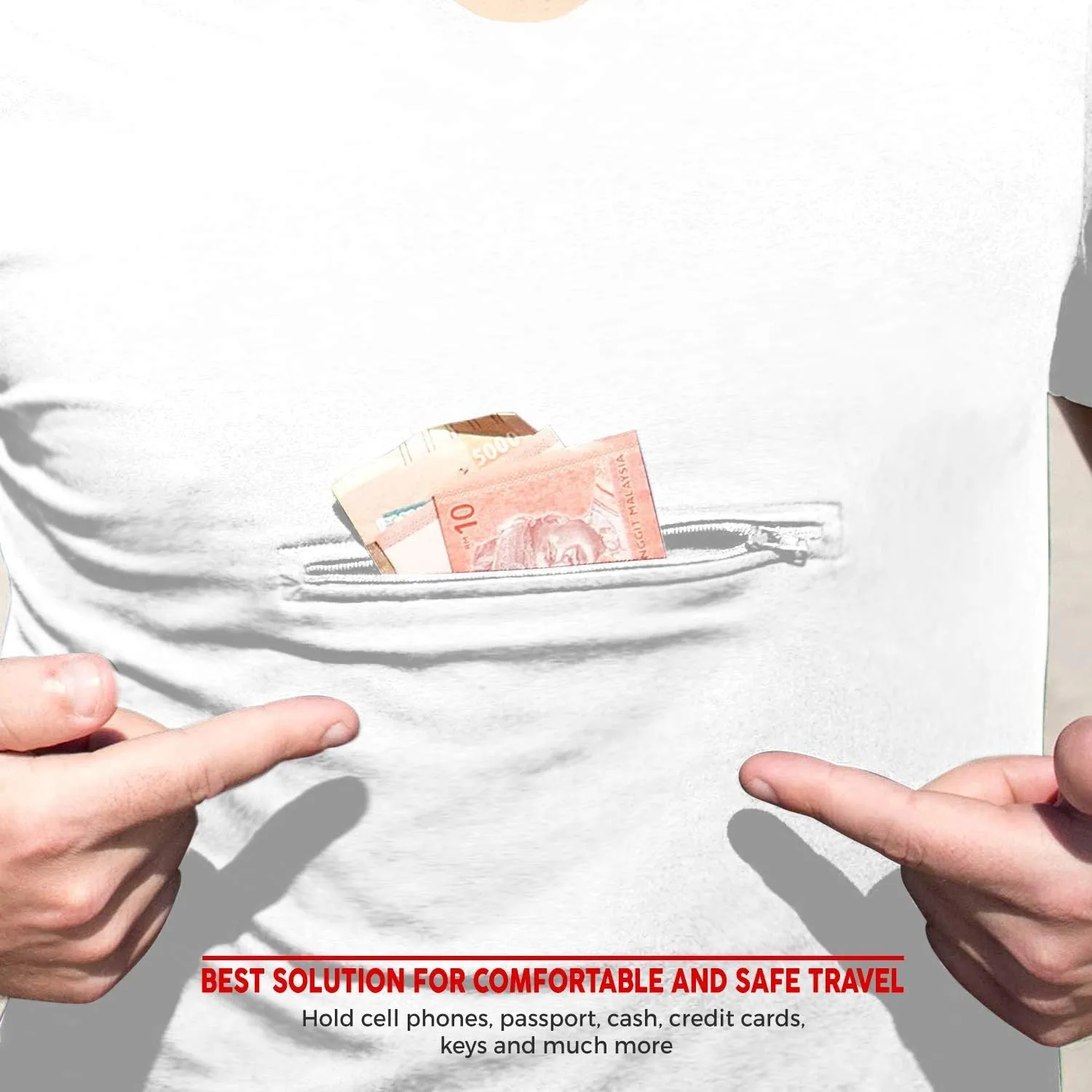 Clever Travel Companion Men's Crew Neck T Shirt with 1 Secret Hidden Pockets for Traveling | Pickpocket Proof