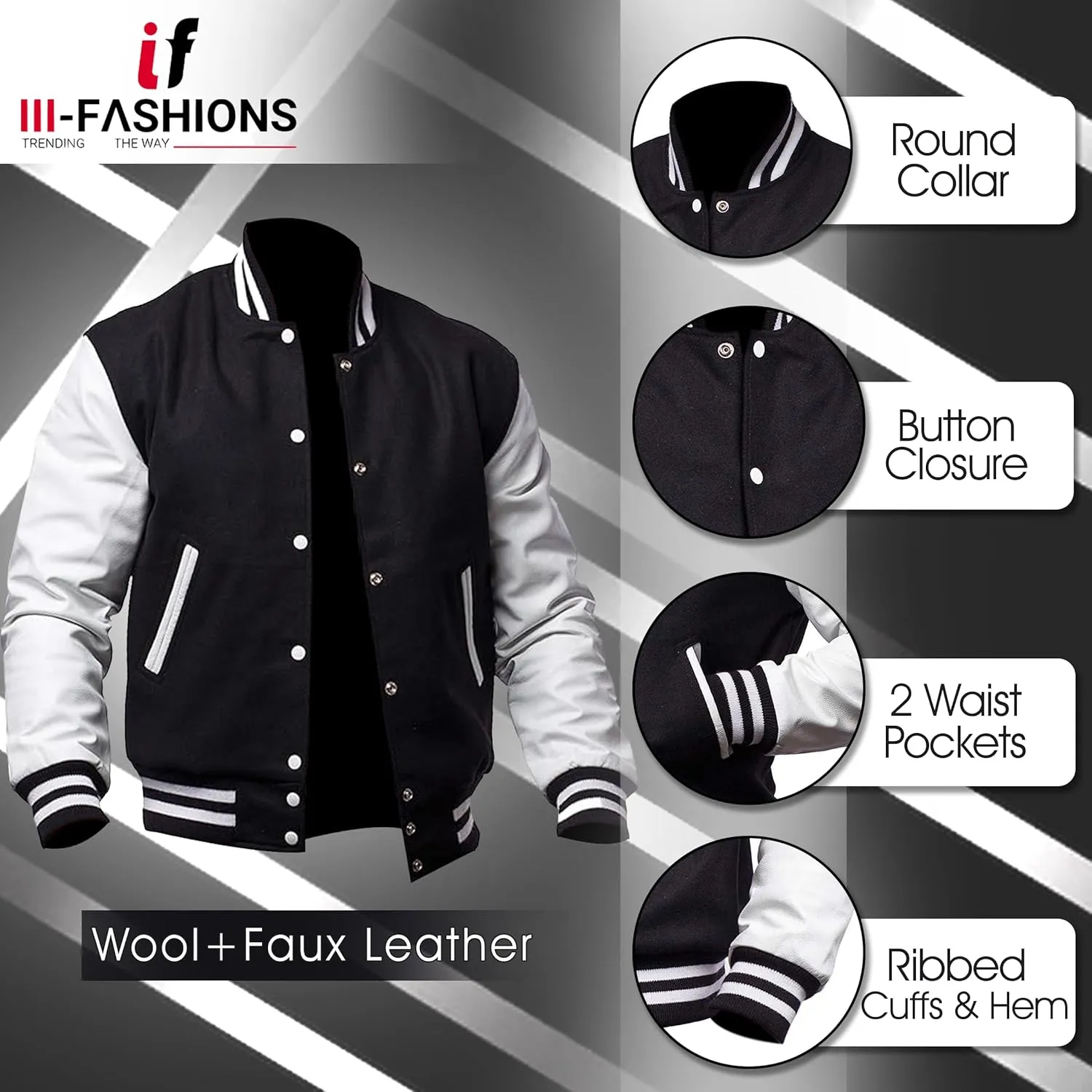 College Letterman Style Varsity Jacket  Mens/Womens High School Baseball Coat Wool   Faux Leather Sleeves