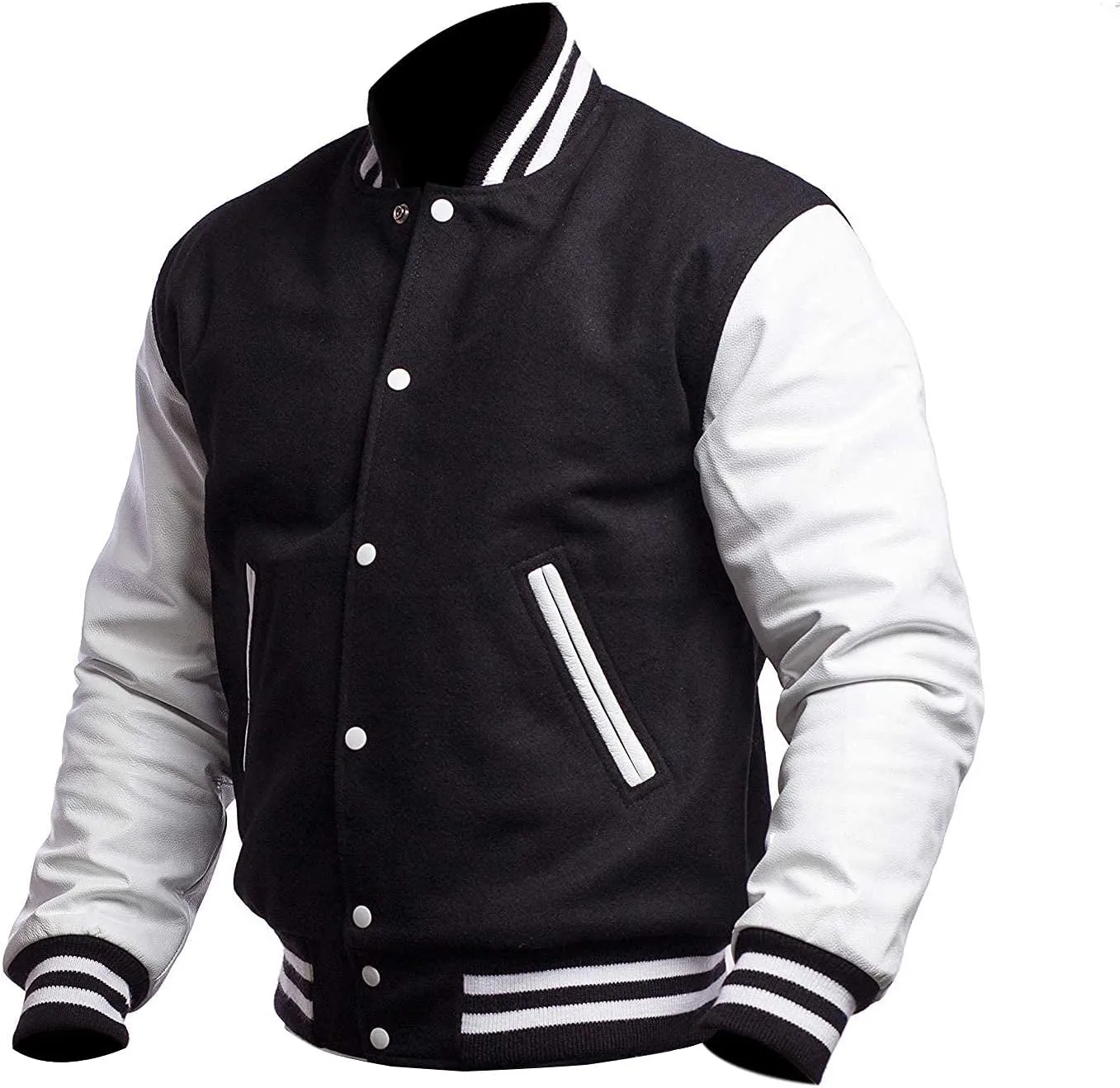 College Letterman Style Varsity Jacket  Mens/Womens High School Baseball Coat Wool   Faux Leather Sleeves