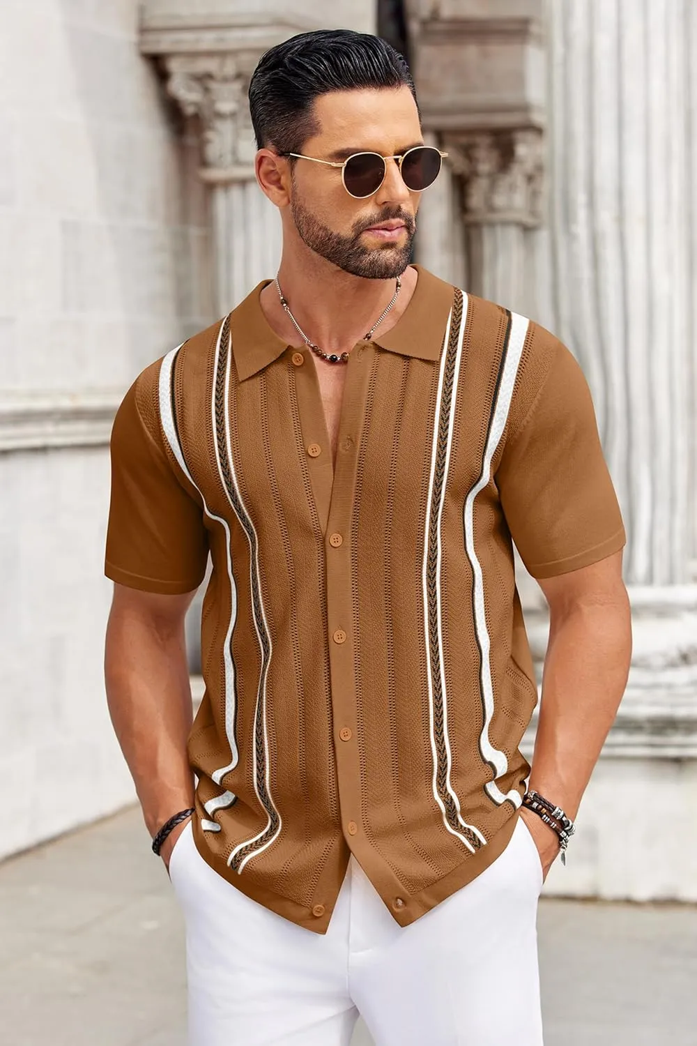 COOFANDY Knit Shirts for Men Casual Short Sleeve Button Down Shirts Summer Beach Stretch Fit Collared Shirts