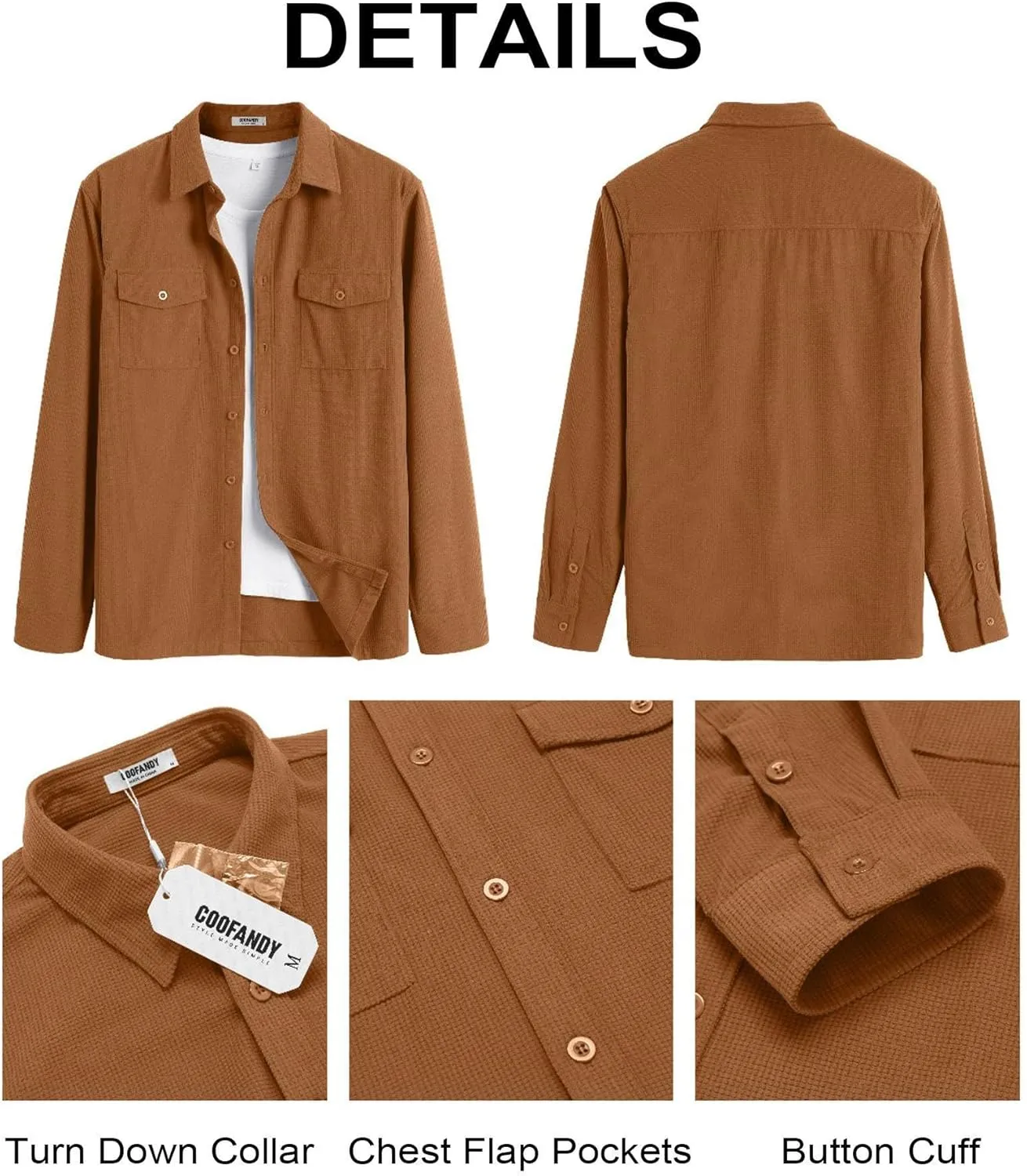 COOFANDY Men's Button Down Waffle Shirt Jacket Casual Long Sleeve Shacket Lightweight Overshirts with Flap Pockets