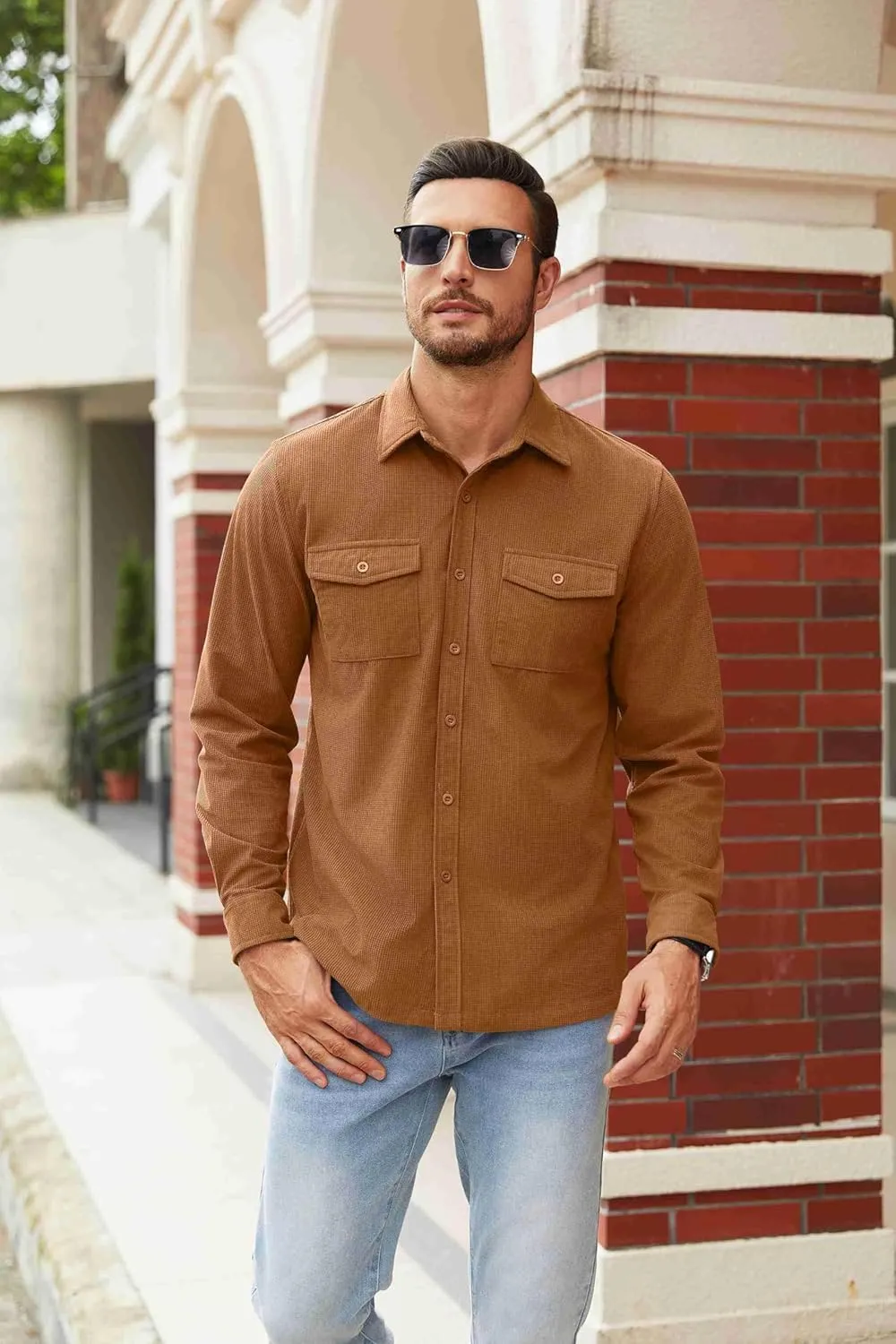 COOFANDY Men's Button Down Waffle Shirt Jacket Casual Long Sleeve Shacket Lightweight Overshirts with Flap Pockets