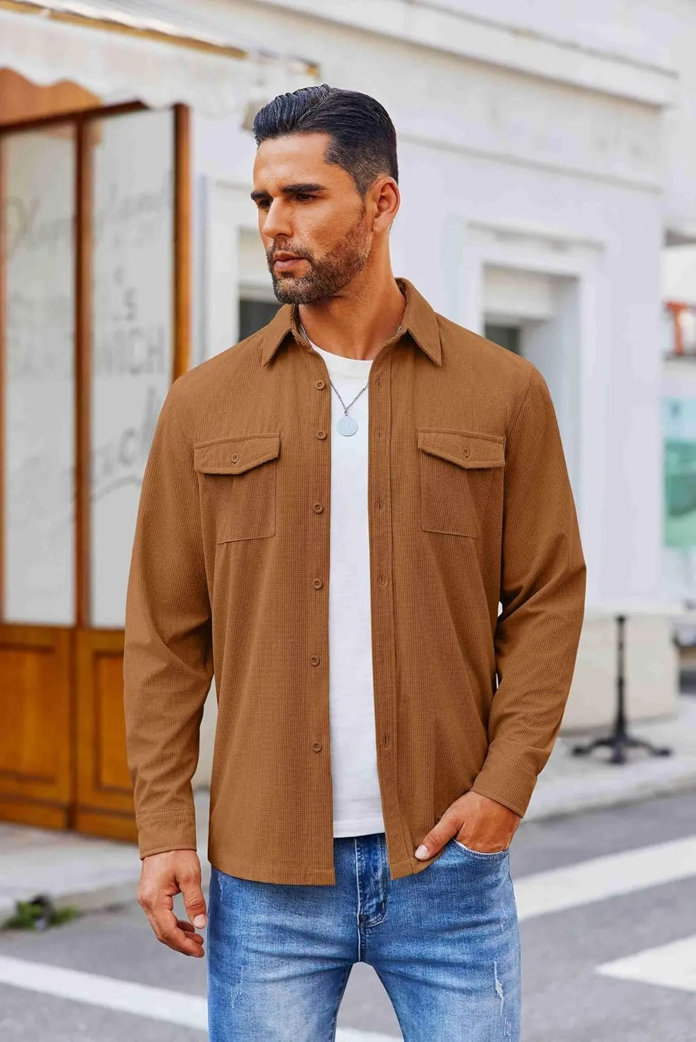 COOFANDY Men's Button Down Waffle Shirt Jacket Casual Long Sleeve Shacket Lightweight Overshirts with Flap Pockets