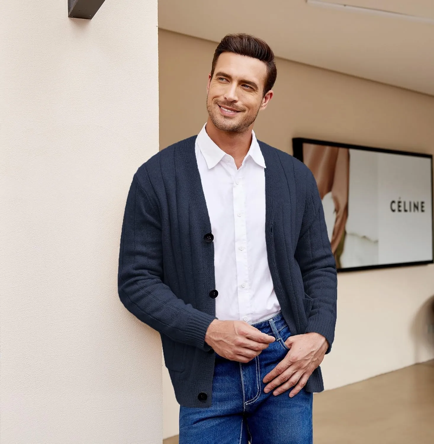 COOFANDY Men's Cardigan Sweater Cable Knit V Neck Button up Sweaters Ribbed Cardigan Sweater with Pockets