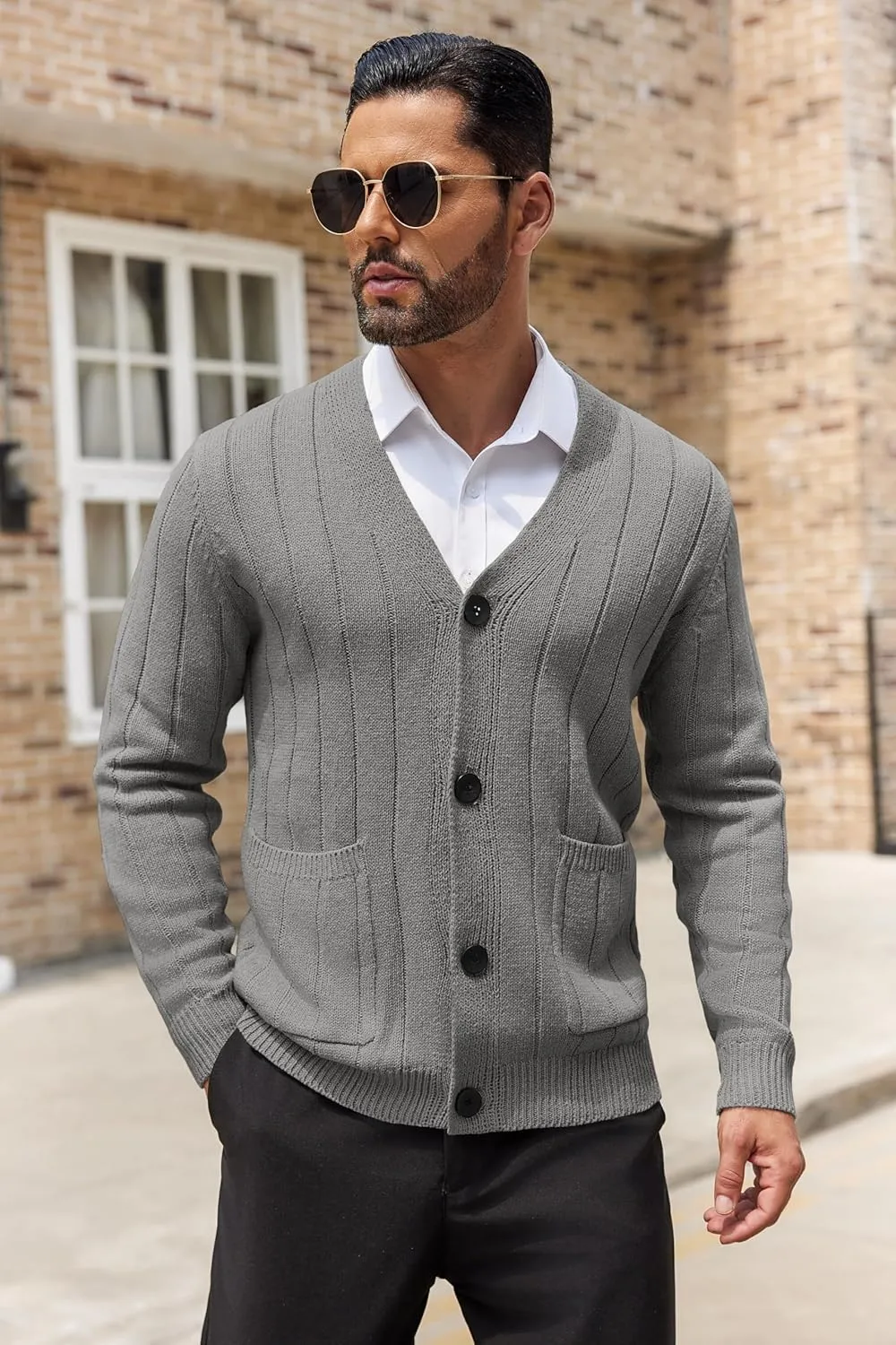 COOFANDY Men's Cardigan Sweater Cable Knit V Neck Button up Sweaters Ribbed Cardigan Sweater with Pockets