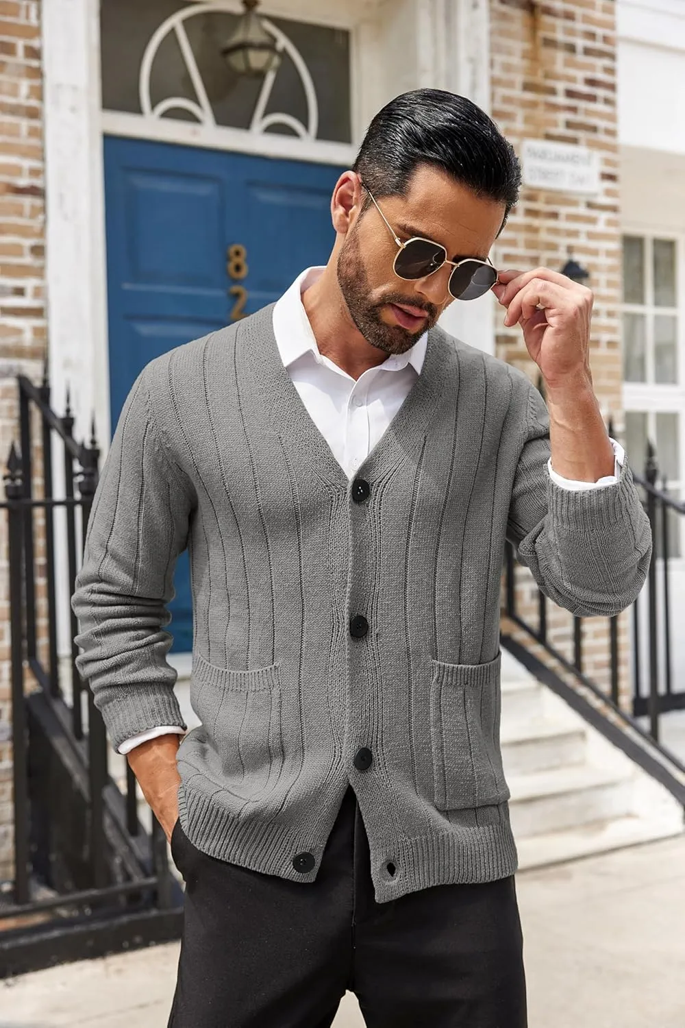 COOFANDY Men's Cardigan Sweater Cable Knit V Neck Button up Sweaters Ribbed Cardigan Sweater with Pockets