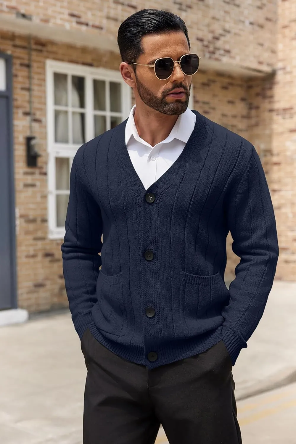 COOFANDY Men's Cardigan Sweater Cable Knit V Neck Button up Sweaters Ribbed Cardigan Sweater with Pockets