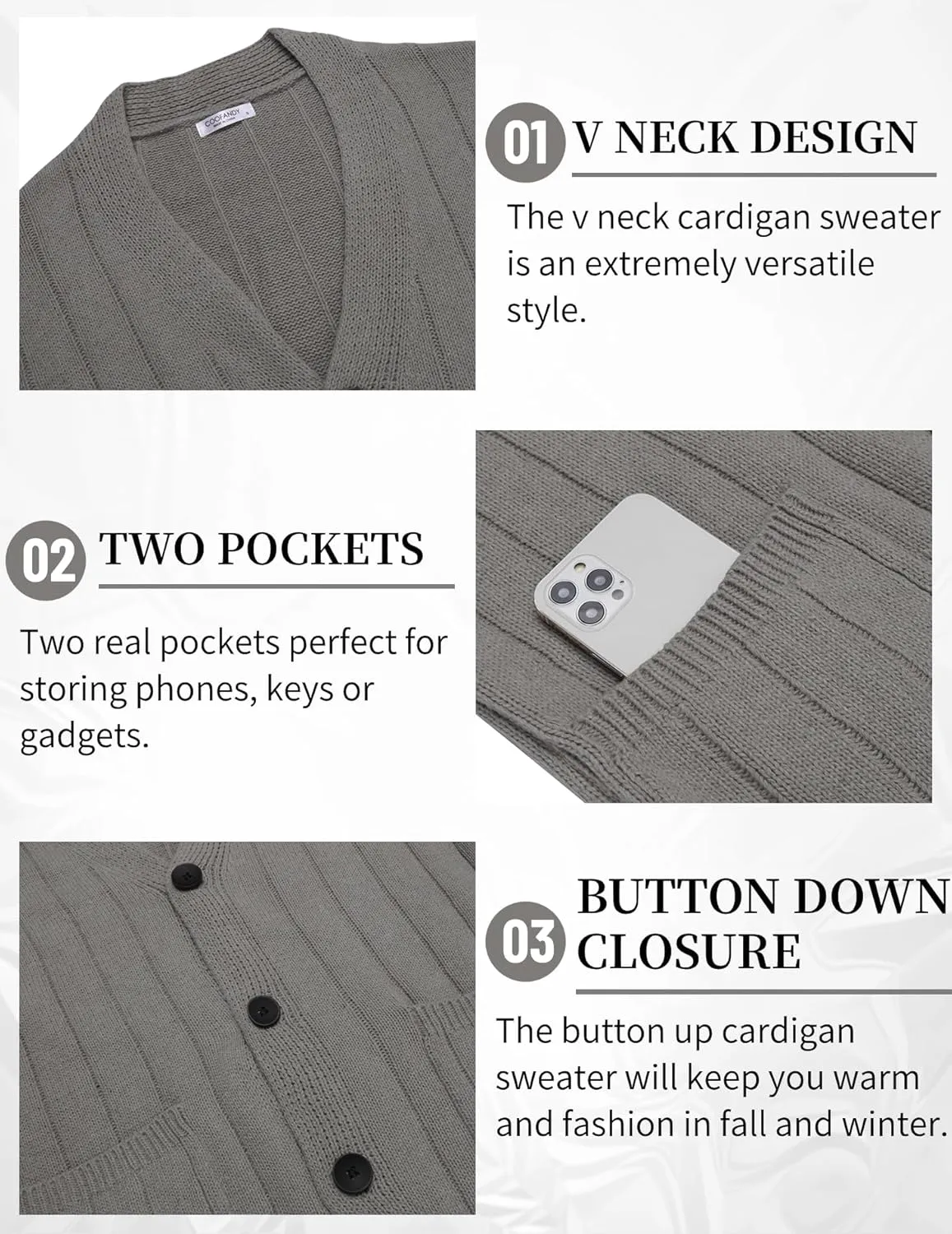 COOFANDY Men's Cardigan Sweater Cable Knit V Neck Button up Sweaters Ribbed Cardigan Sweater with Pockets