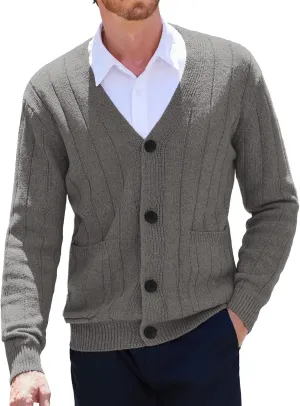 COOFANDY Men's Cardigan Sweater Cable Knit V Neck Button up Sweaters Ribbed Cardigan Sweater with Pockets