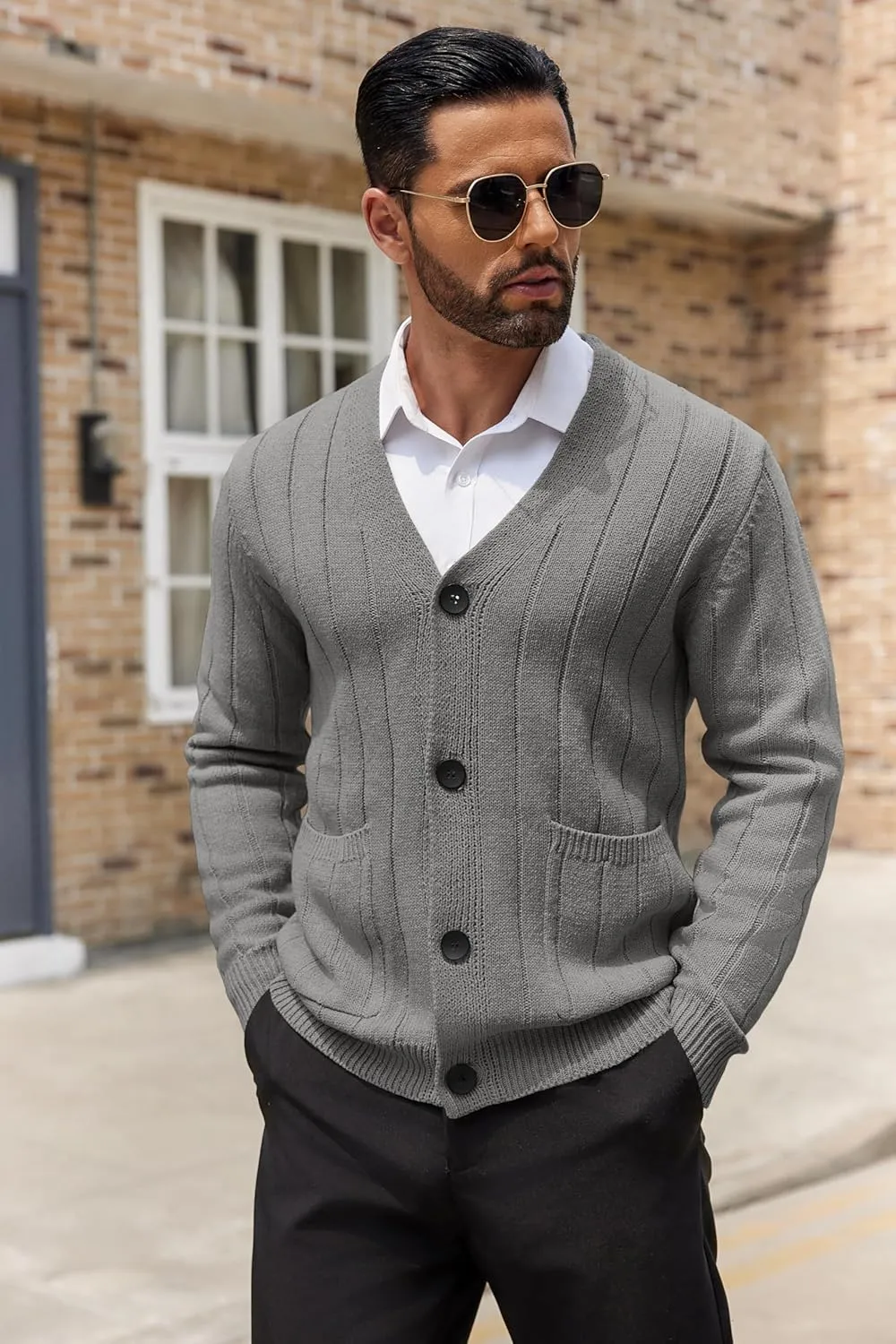 COOFANDY Men's Cardigan Sweater Cable Knit V Neck Button up Sweaters Ribbed Cardigan Sweater with Pockets