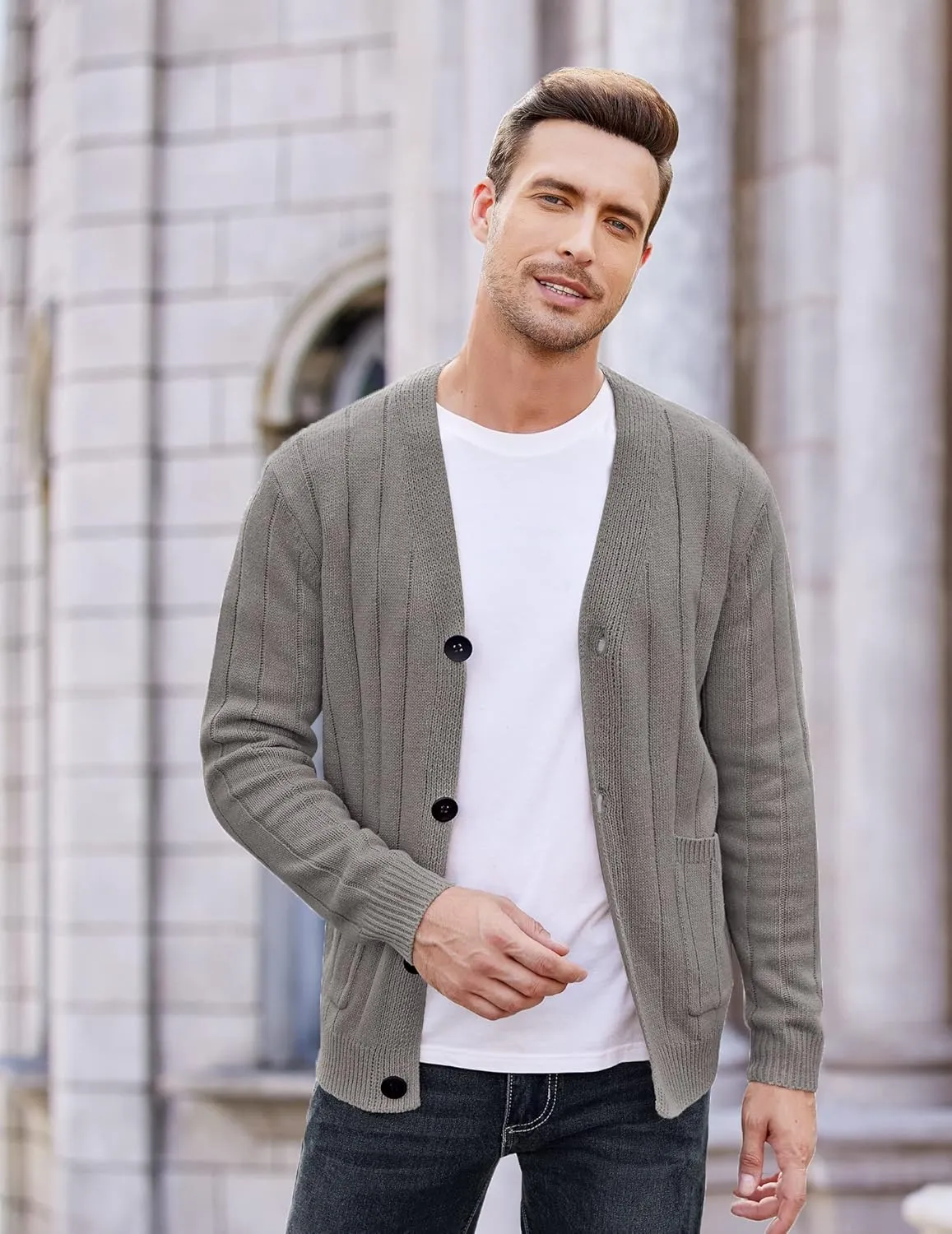 COOFANDY Men's Cardigan Sweater Cable Knit V Neck Button up Sweaters Ribbed Cardigan Sweater with Pockets