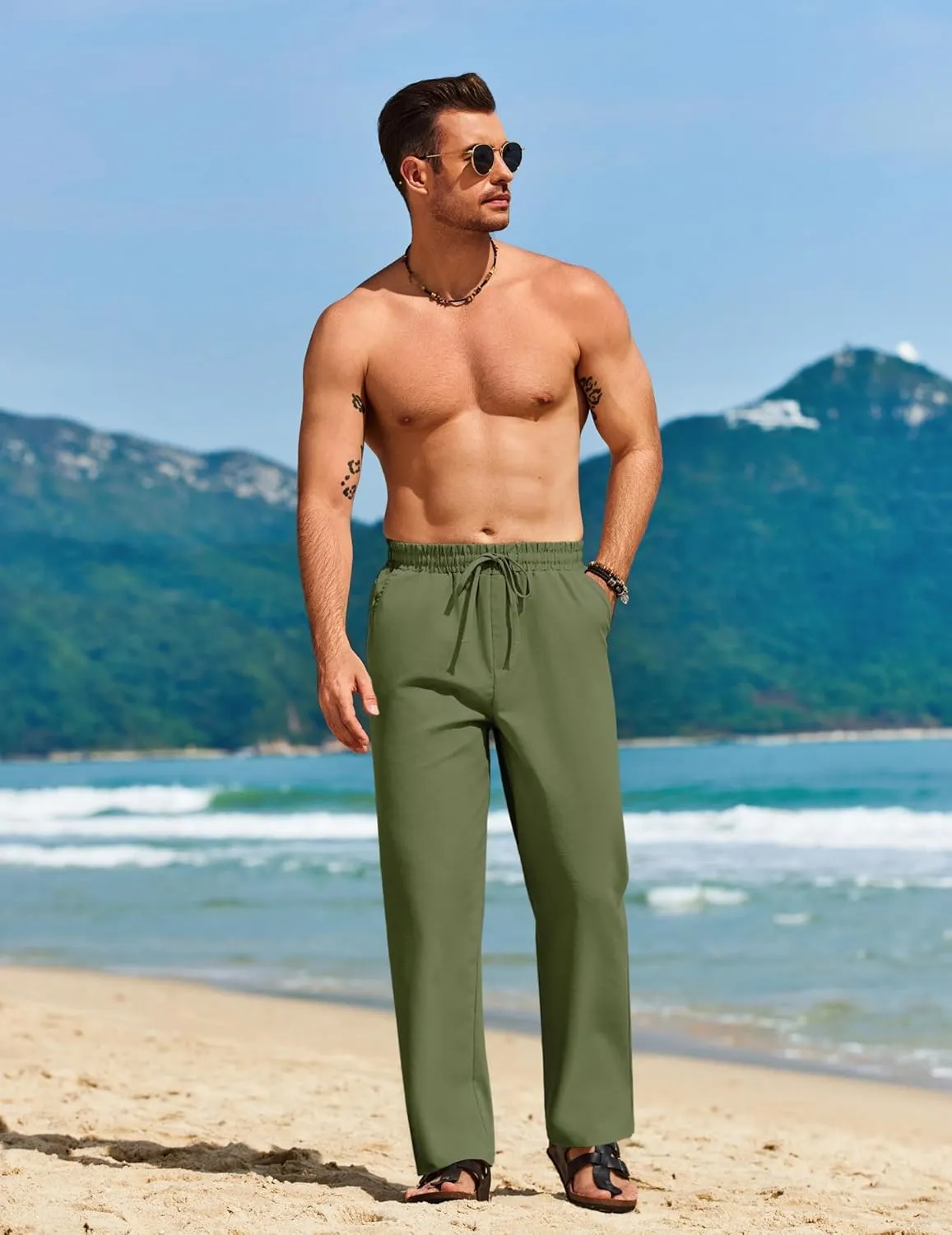 COOFANDY Men's Casual Linen Pants Loose Fit Elastic Waist Drawstring Lightweight Pant Summer Beach Trousers