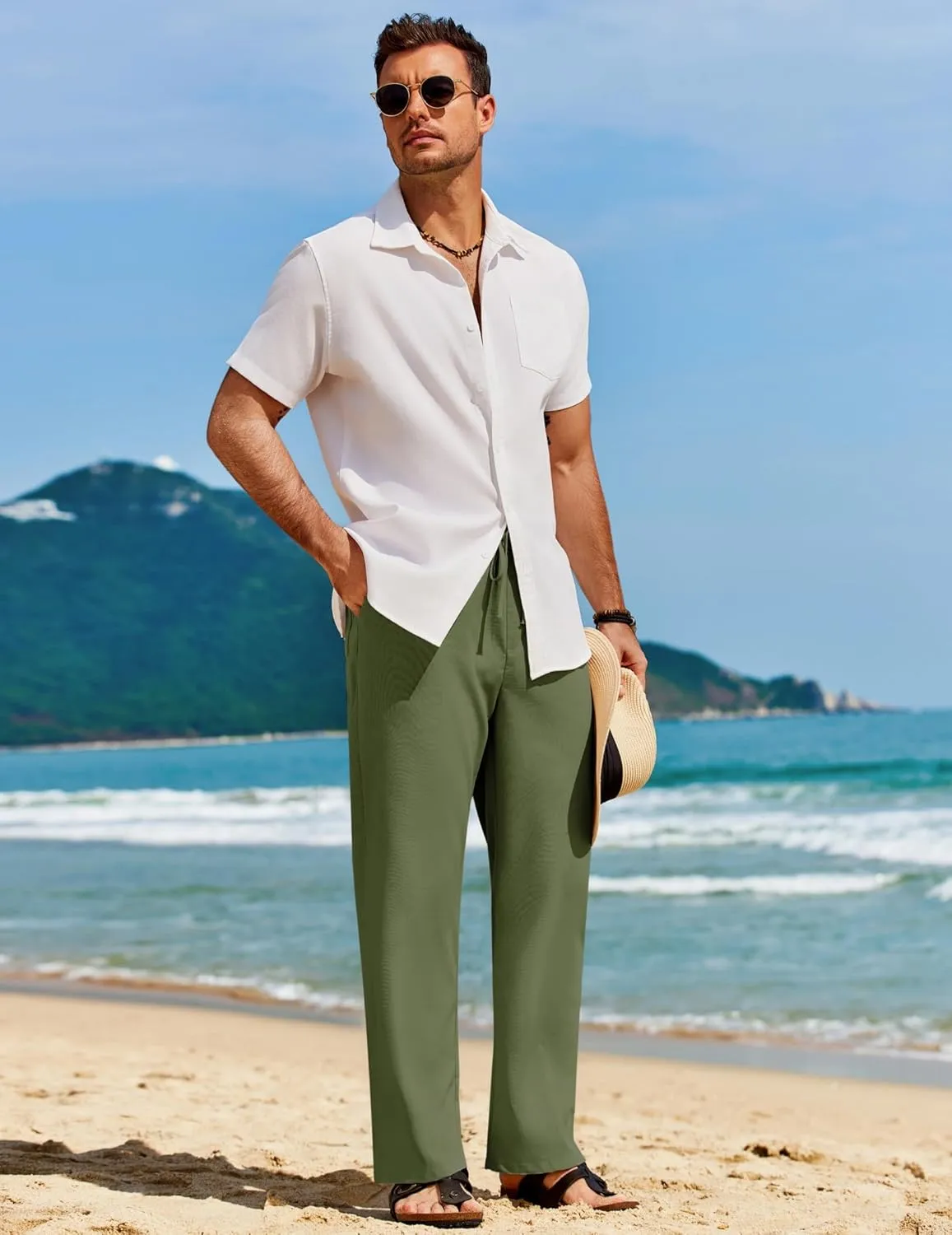COOFANDY Men's Casual Linen Pants Loose Fit Elastic Waist Drawstring Lightweight Pant Summer Beach Trousers
