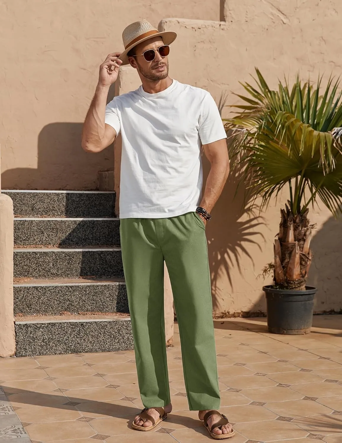 COOFANDY Men's Casual Linen Pants Loose Fit Elastic Waist Drawstring Lightweight Pant Summer Beach Trousers