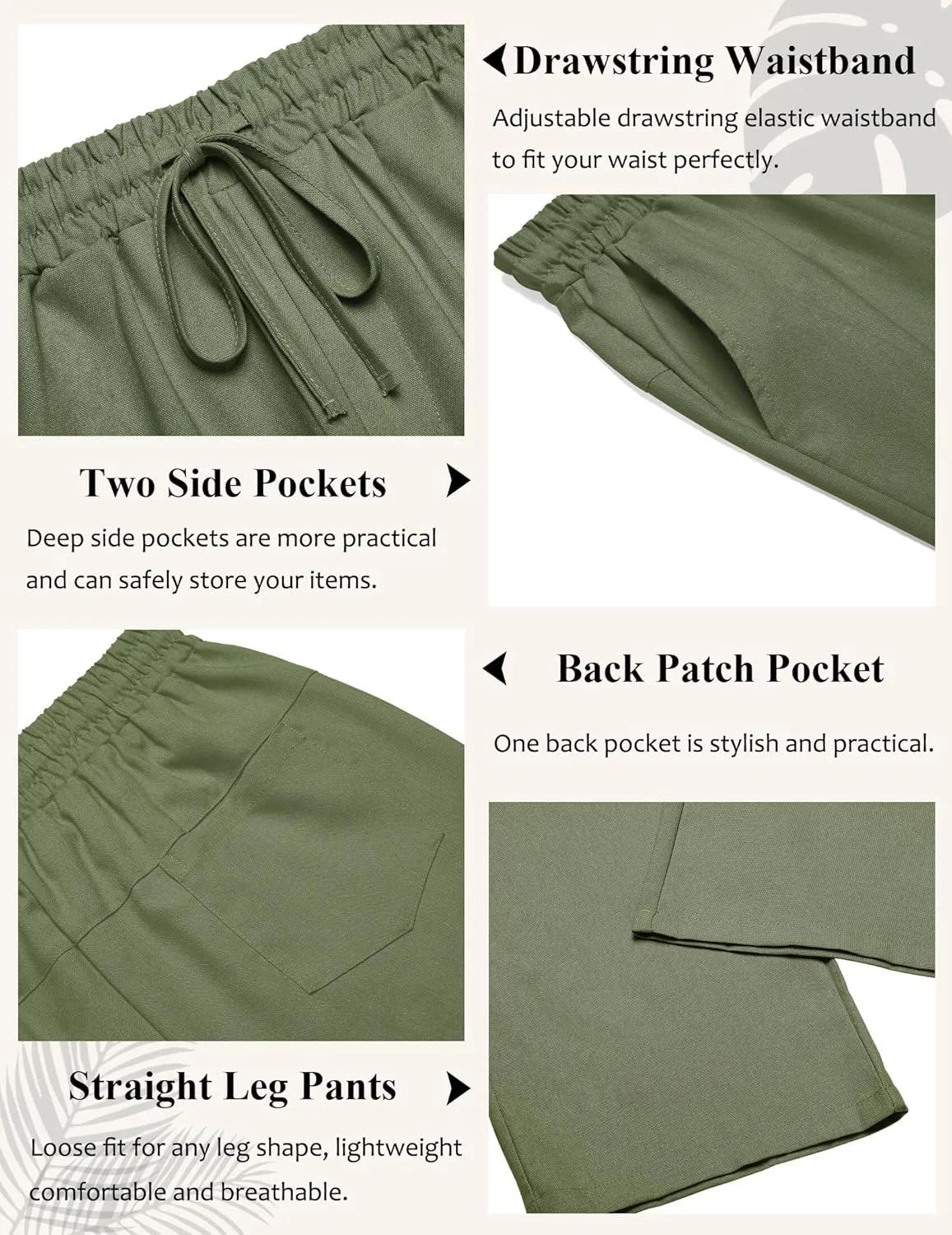 COOFANDY Men's Casual Linen Pants Loose Fit Elastic Waist Drawstring Lightweight Pant Summer Beach Trousers
