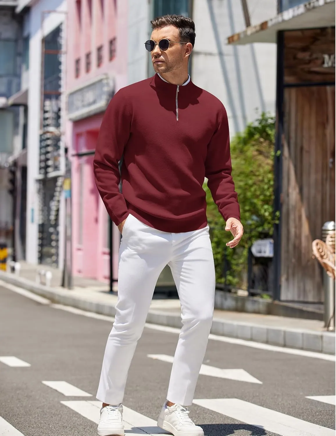 COOFANDY Mens Quarter Zip Pullover Slim Fit Lightweight Knit Pullover Sweaters Casual Polo Sweater