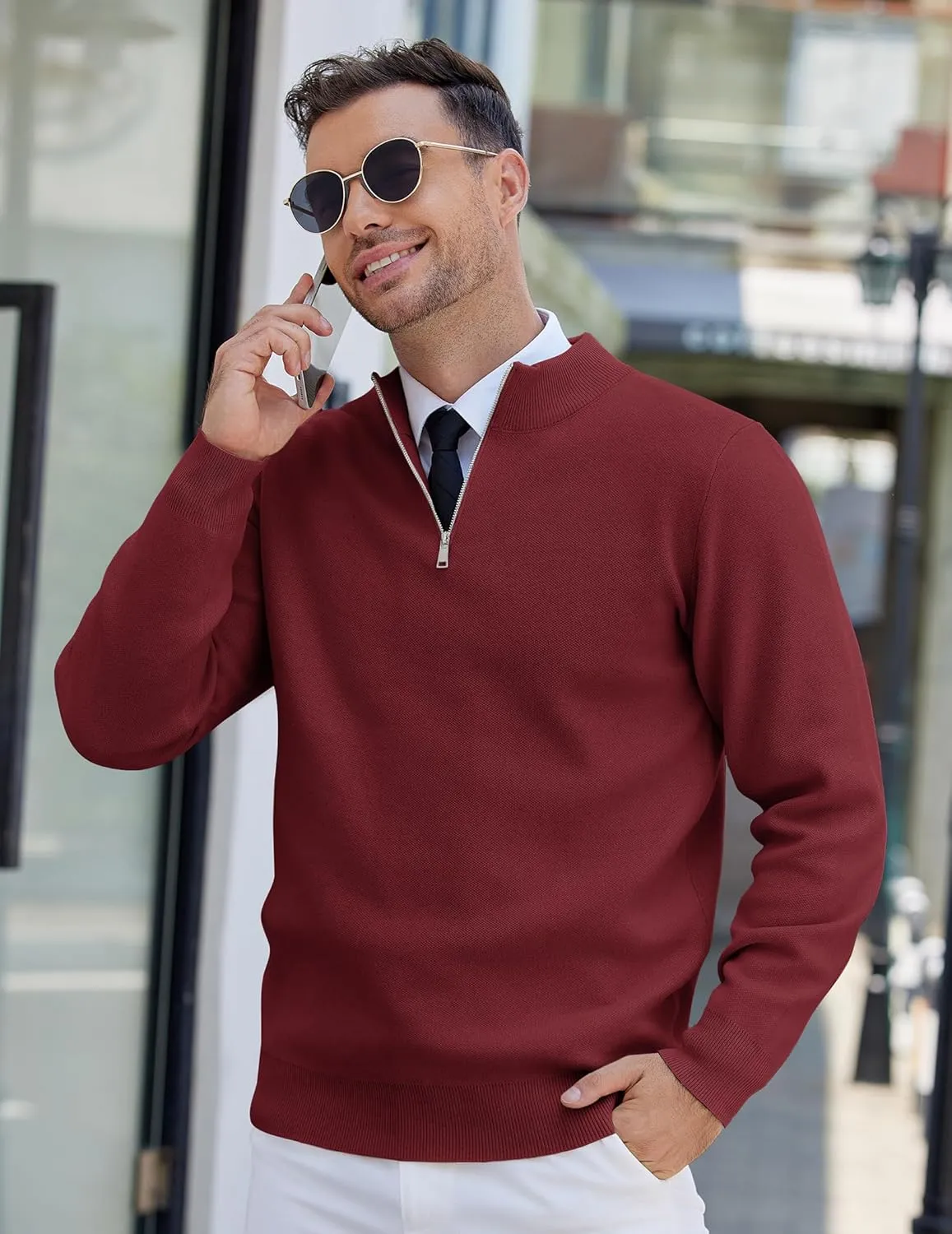 COOFANDY Mens Quarter Zip Pullover Slim Fit Lightweight Knit Pullover Sweaters Casual Polo Sweater