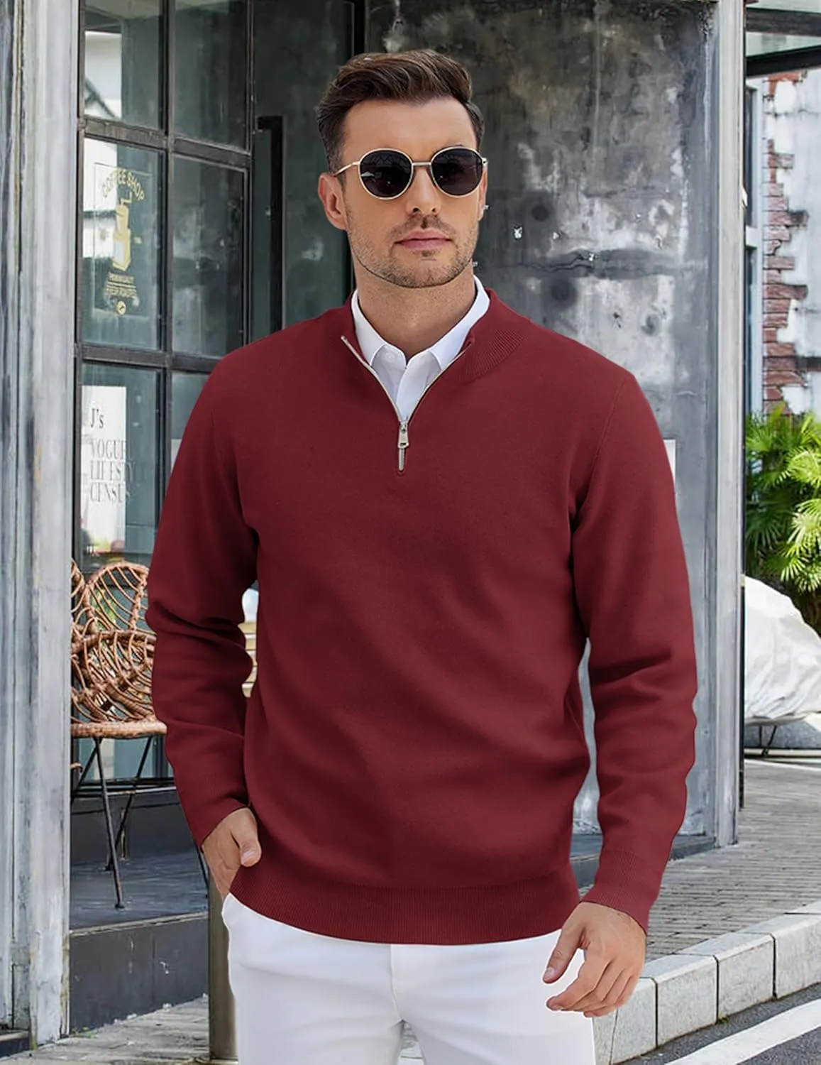 COOFANDY Mens Quarter Zip Pullover Slim Fit Lightweight Knit Pullover Sweaters Casual Polo Sweater