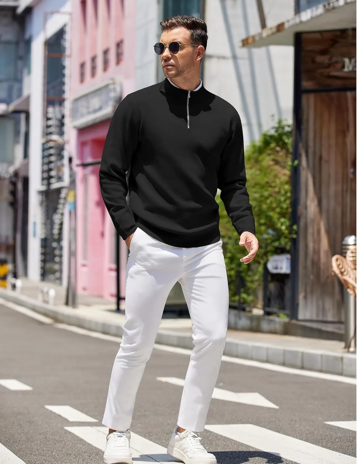 COOFANDY Mens Quarter Zip Pullover Slim Fit Lightweight Knit Pullover Sweaters Casual Polo Sweater