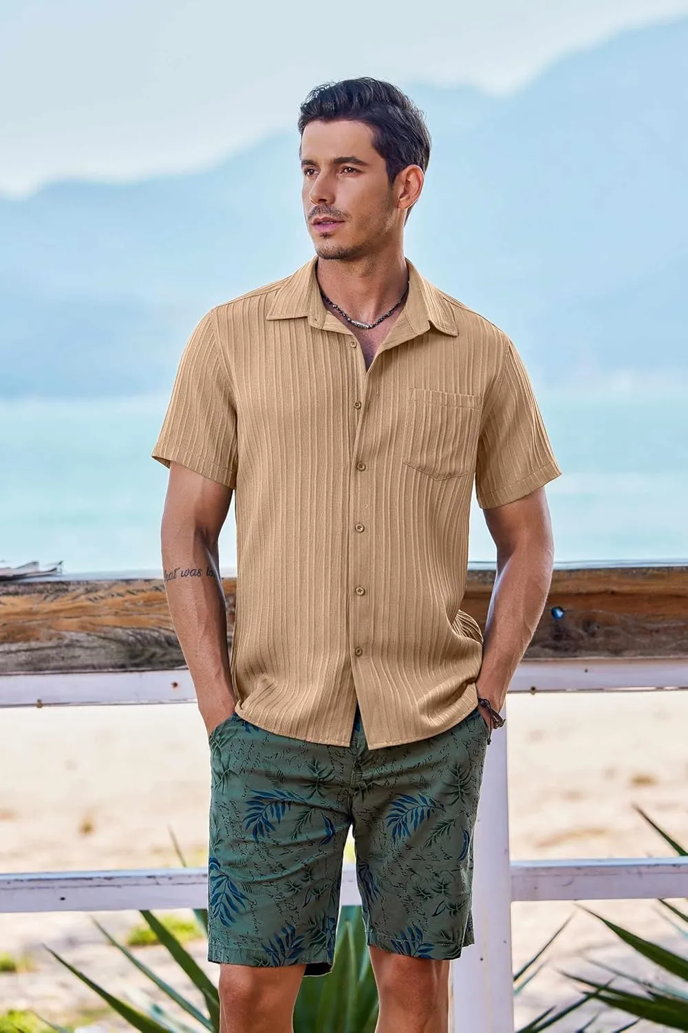 COOFANDY Men's Short Sleeve Casual Button Down Shirts Textured Summer Beach Shirt with Pocket