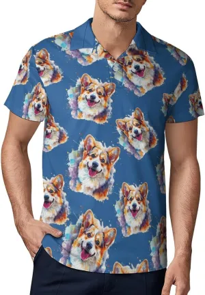 Corgi Dog Watercolor Men's Polo Shirt Short Sleeve Casual Athletic Quick Dry Golf T-Shirts