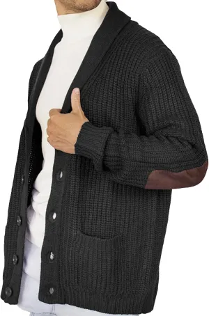 CORIRESHA Men's Elbow Patch Shawl Collar Long Sleeve Knit Cardigan Sweater with Pockets