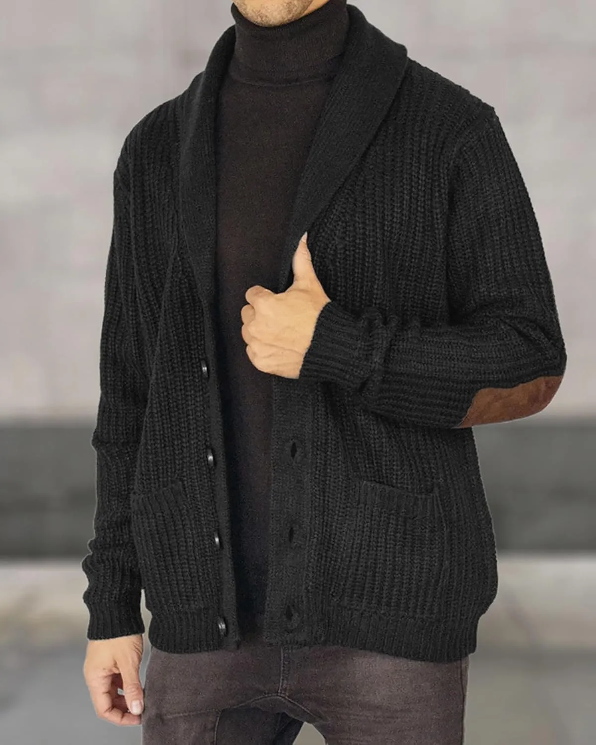 CORIRESHA Men's Elbow Patch Shawl Collar Long Sleeve Knit Cardigan Sweater with Pockets