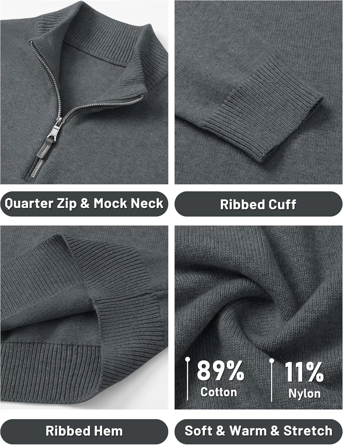 Cotrasen Mens Sweater Quarter Zip Pullover Casual Knit Cotton Long Sleeve Mock Neck Polo Sweaters