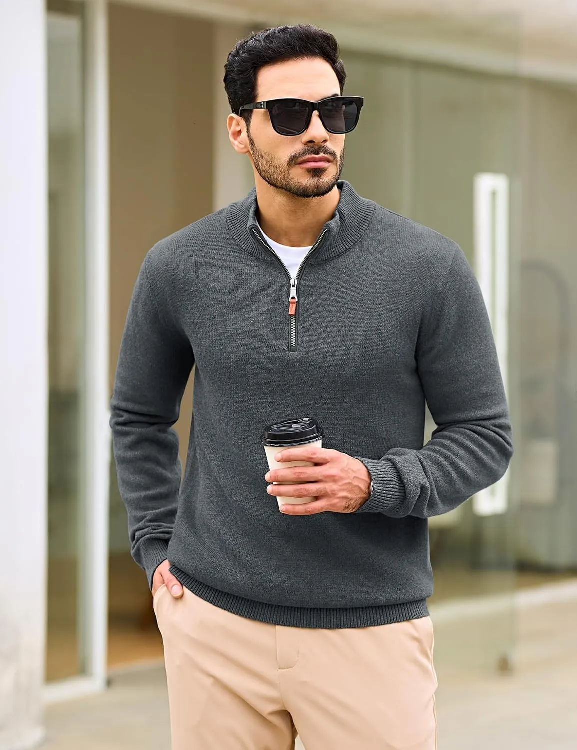 Cotrasen Mens Sweater Quarter Zip Pullover Casual Knit Cotton Long Sleeve Mock Neck Polo Sweaters