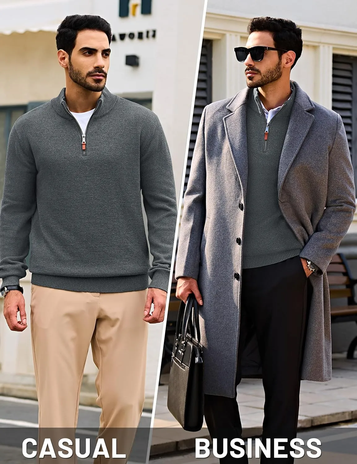 Cotrasen Mens Sweater Quarter Zip Pullover Casual Knit Cotton Long Sleeve Mock Neck Polo Sweaters