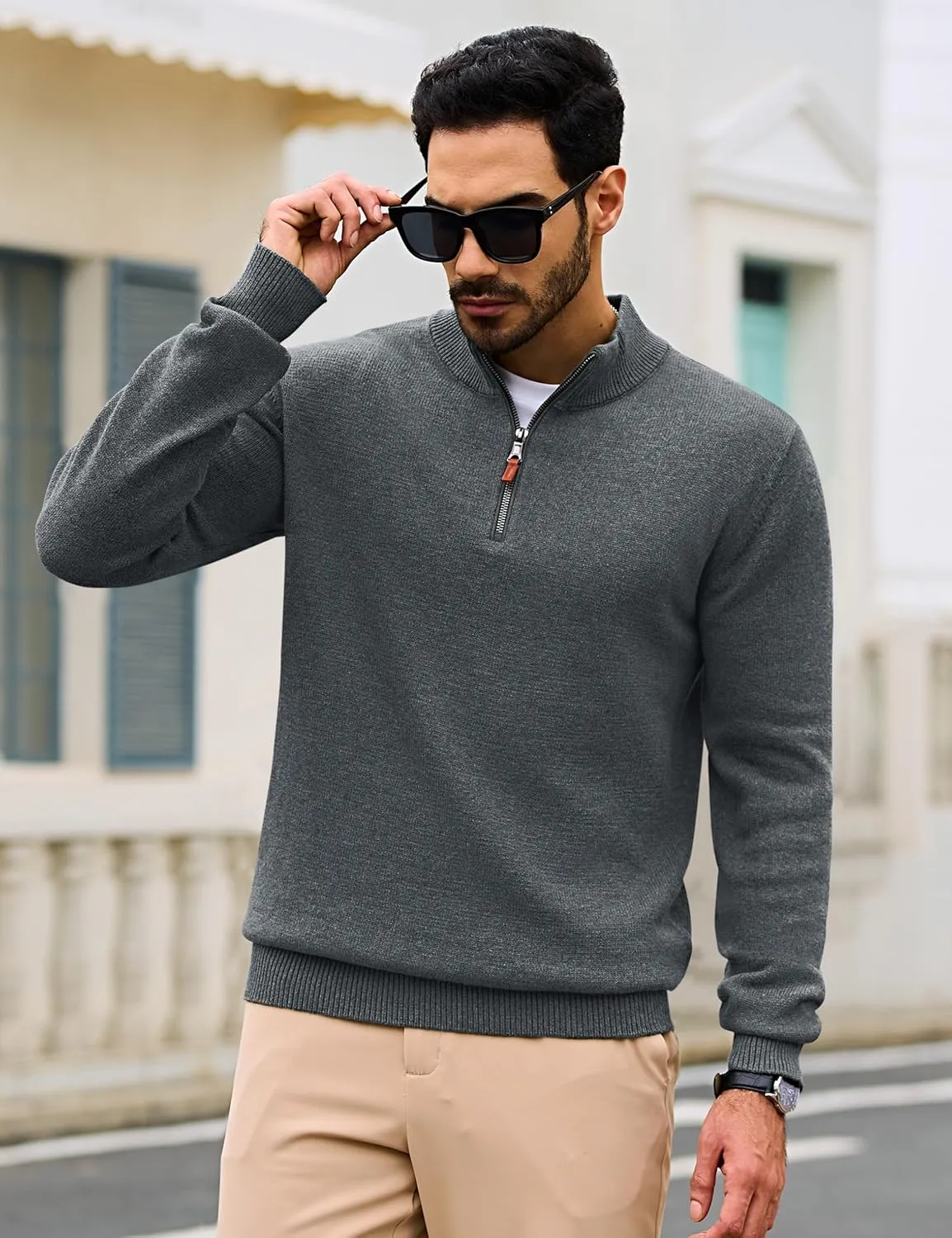 Cotrasen Mens Sweater Quarter Zip Pullover Casual Knit Cotton Long Sleeve Mock Neck Polo Sweaters