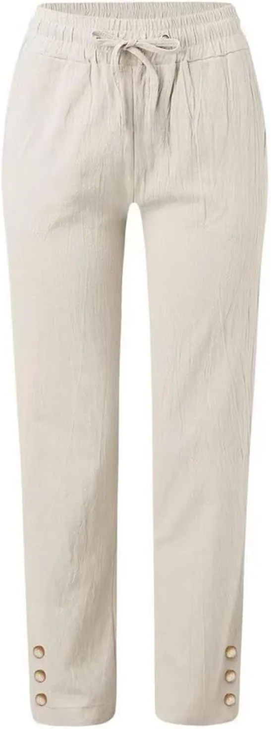 Cotton Linen Pants for Women 2025 Wide Leg Cropped Lounge Trousers Drawstring Elastic Waist Summer Beach Outfits