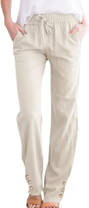Cotton Linen Pants for Women 2025 Wide Leg Cropped Lounge Trousers Drawstring Elastic Waist Summer Beach Outfits