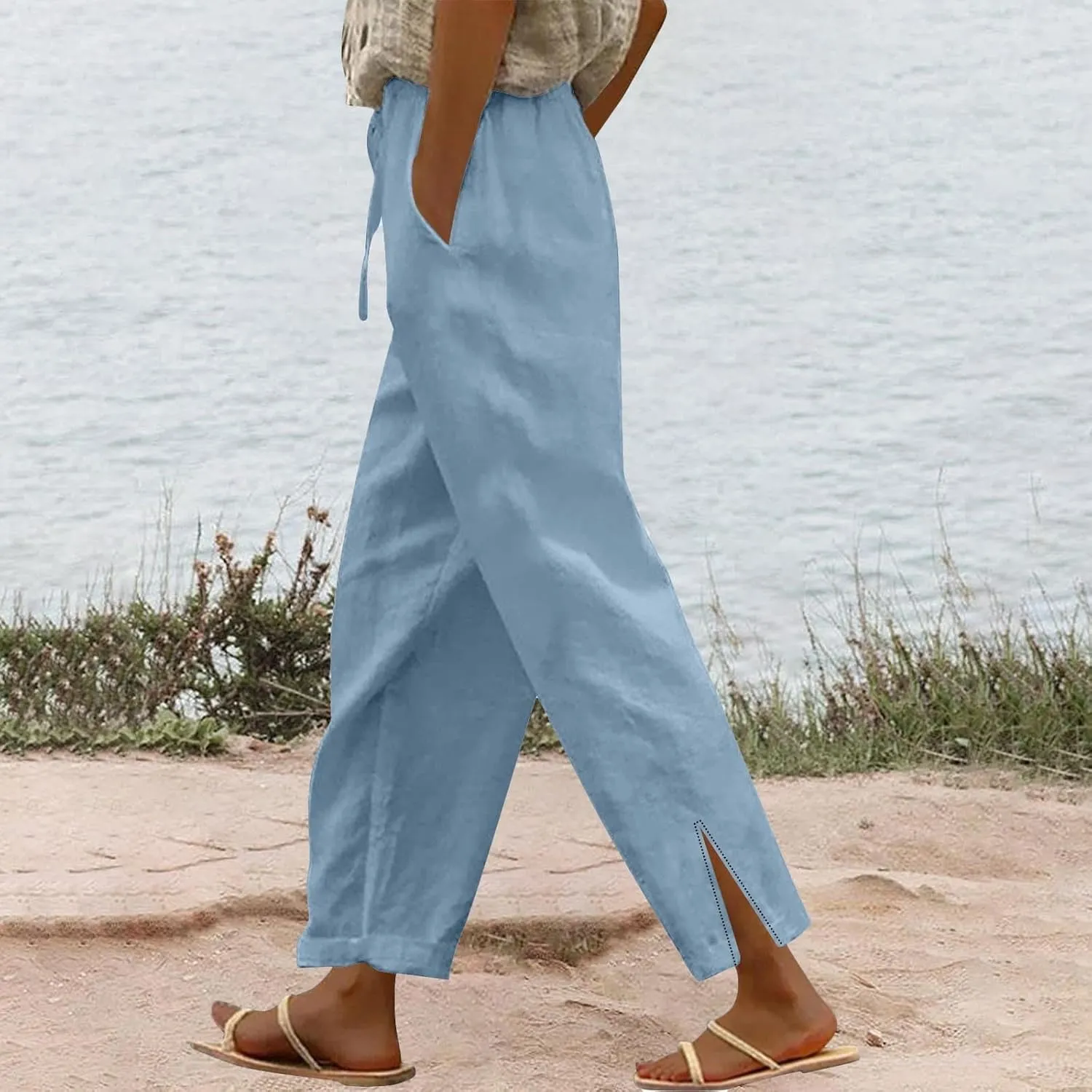 Cotton Linen Women Casual Lightweight Drawstring Elastic Waist Pants with Pockets Straight Long Leg Lounge Summer