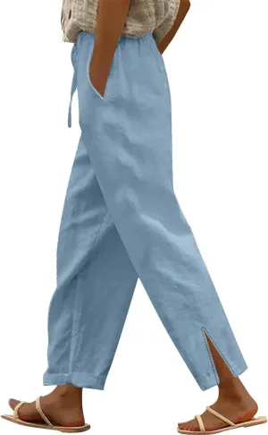 Cotton Linen Women Casual Lightweight Drawstring Elastic Waist Pants with Pockets Straight Long Leg Lounge Summer
