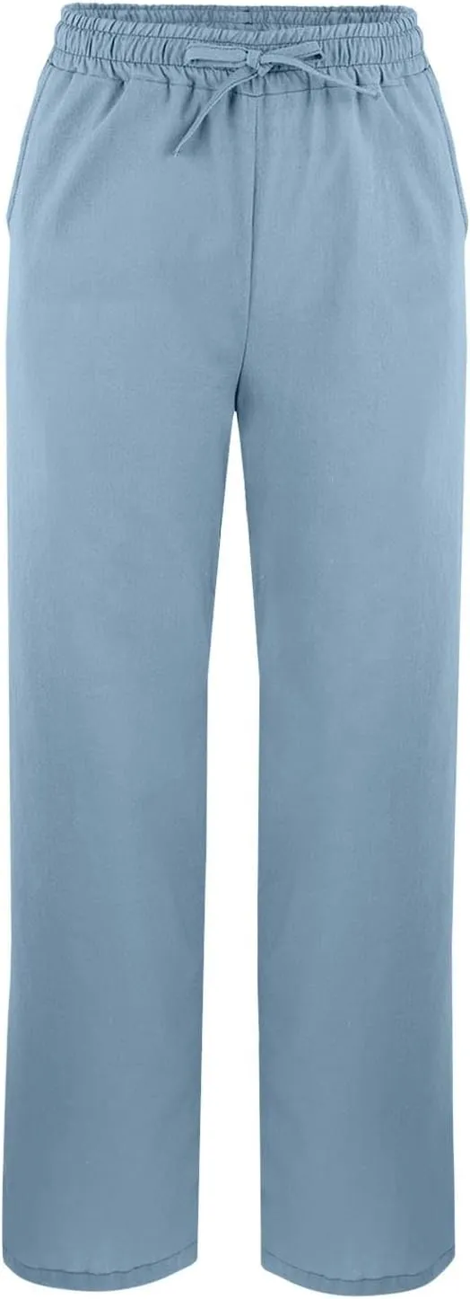 Cotton Linen Women Casual Lightweight Drawstring Elastic Waist Pants with Pockets Straight Long Leg Lounge Summer