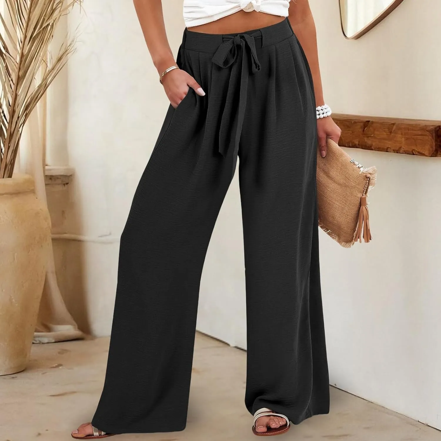 Cotton Linen Womens Capri Pants High Waisted Petite Trousers, Baggy Cargo Pants Women Cargo Wide Leg Summer