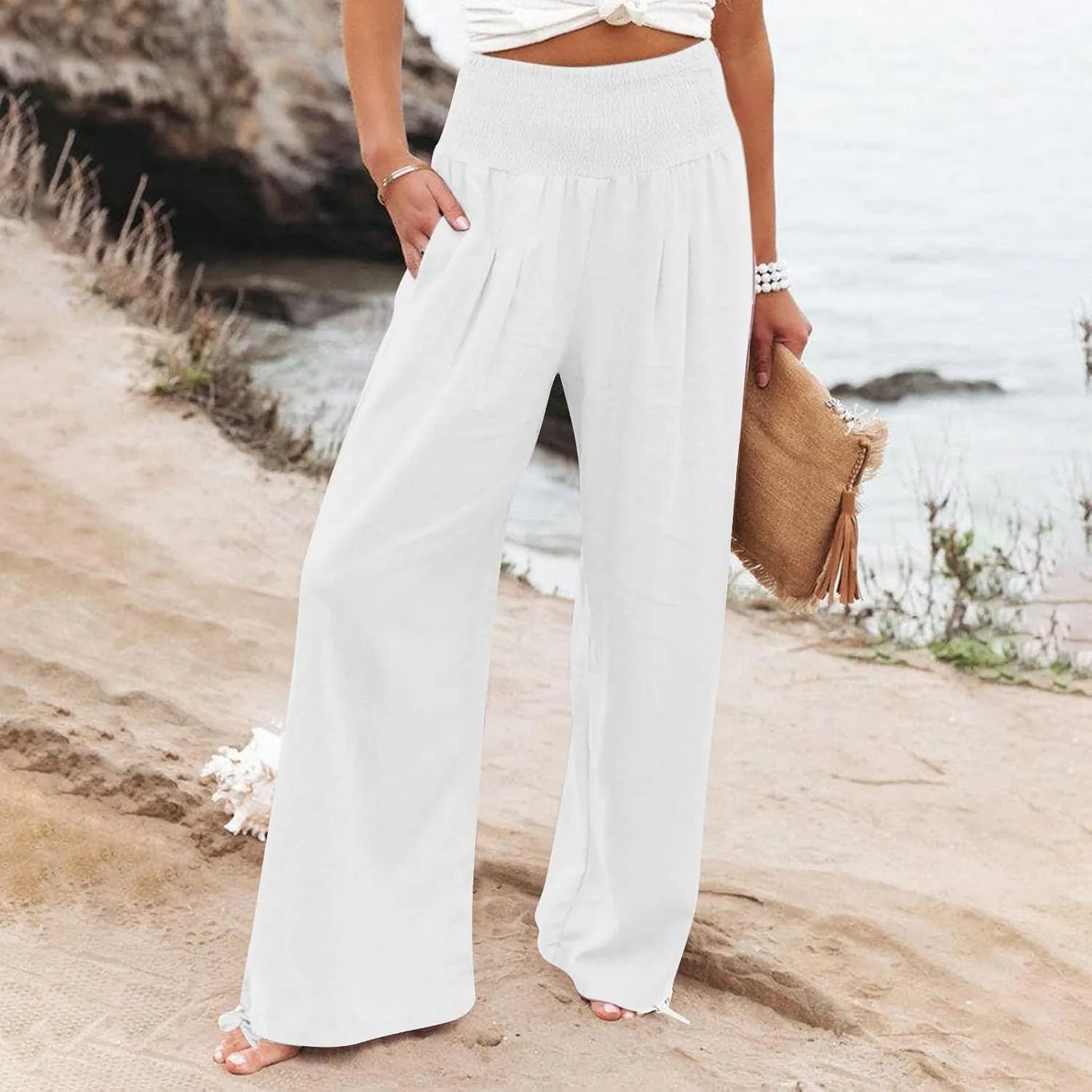 Cotton Palazzo Pants for Women Elastic Waist Drawstring Lightweight Slacks Loose Fit Flowy Wide Leg Lounge Pants with Pockets