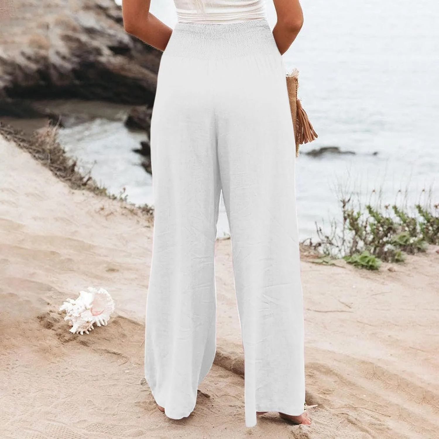 Cotton Palazzo Pants for Women Elastic Waist Drawstring Lightweight Slacks Loose Fit Flowy Wide Leg Lounge Pants with Pockets