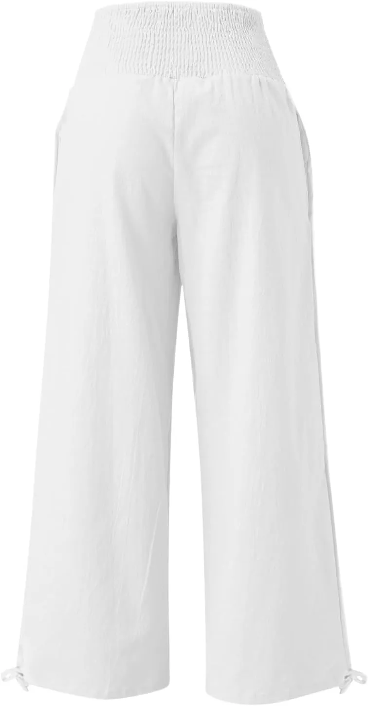 Cotton Palazzo Pants for Women Elastic Waist Drawstring Lightweight Slacks Loose Fit Flowy Wide Leg Lounge Pants with Pockets