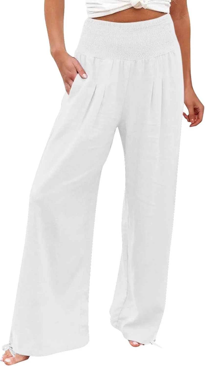 Cotton Palazzo Pants for Women Elastic Waist Drawstring Lightweight Slacks Loose Fit Flowy Wide Leg Lounge Pants with Pockets