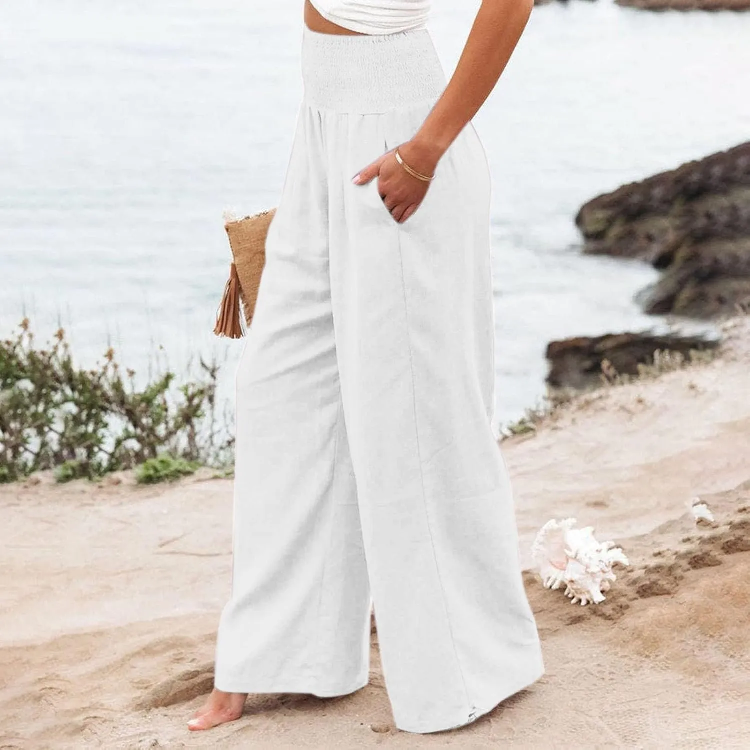 Cotton Palazzo Pants for Women Elastic Waist Drawstring Lightweight Slacks Loose Fit Flowy Wide Leg Lounge Pants with Pockets
