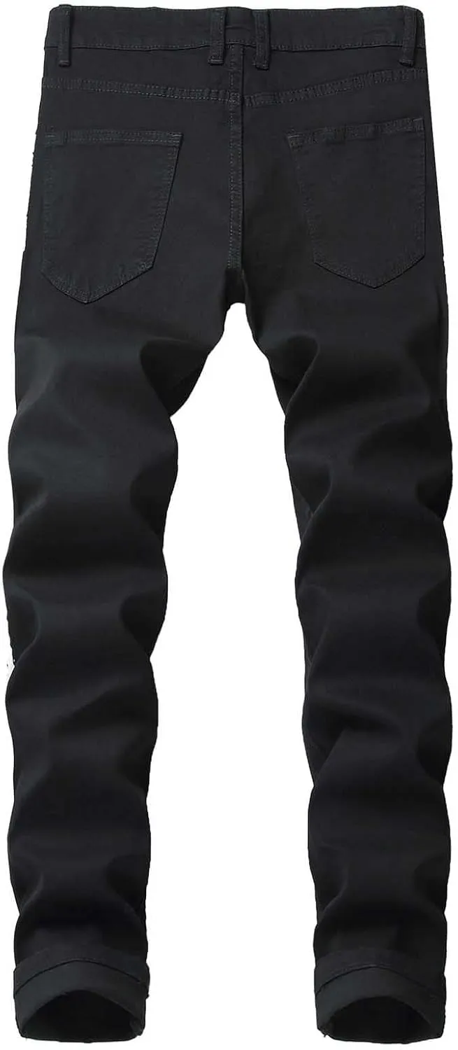 Cotton Straight Ripped Jeans for Men 2023 Fashion Slim Stretch Buckle Zipper Solid Denim Trousers Skinny-Fit Pant
