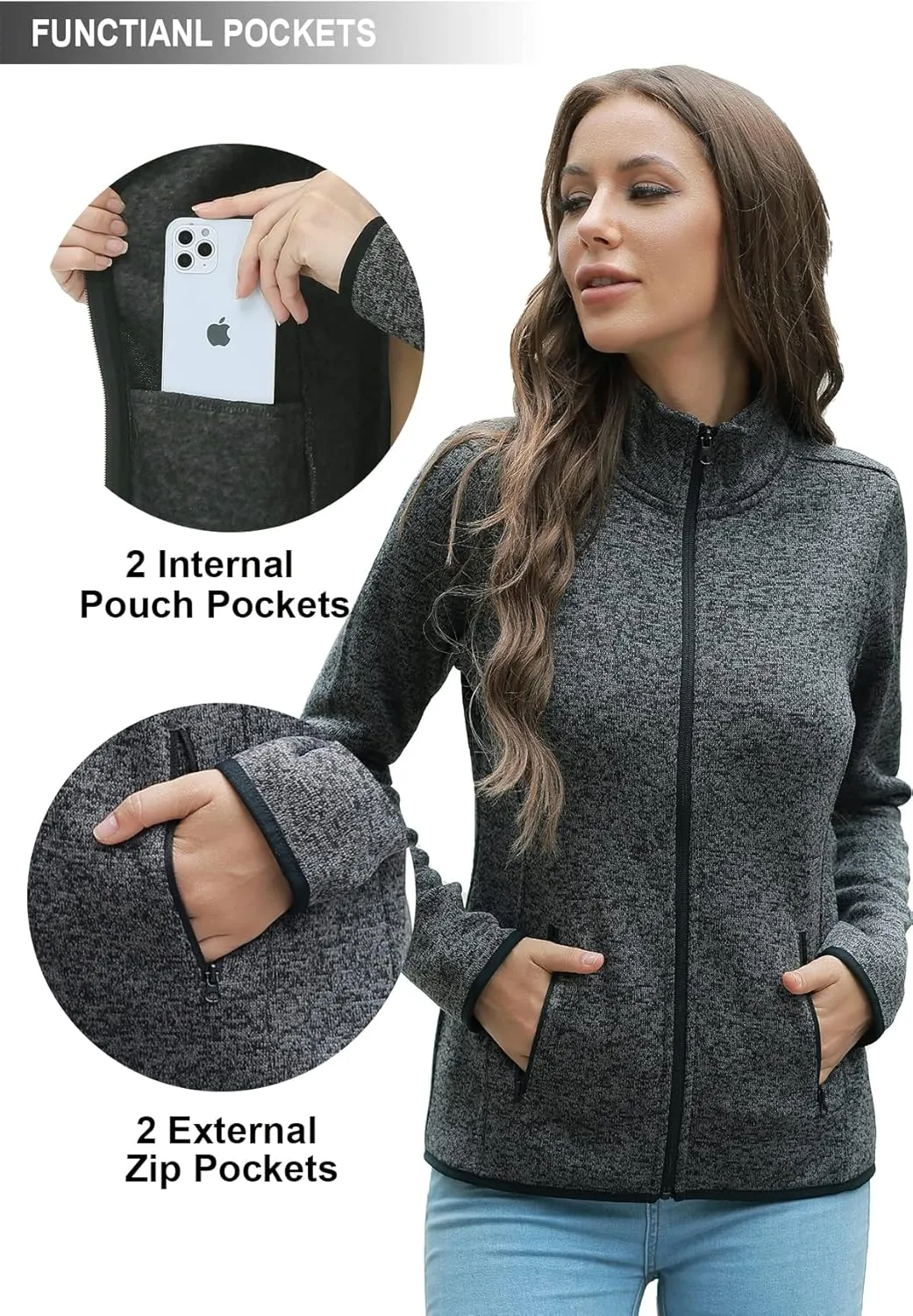 COZZIPLUS Women Zip Up Sweater Jacket with Fleece Interior, Warm Knitted Fleece Jacket with Pockets